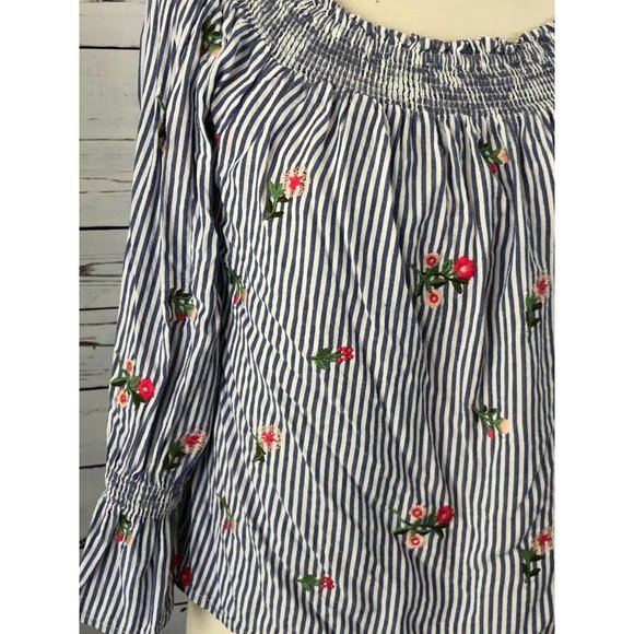 Miss Me‎ Off the Shoulder Denim Blouse Medium Embroidered Sexy Top Striped Shirt - Picture 6 of 8